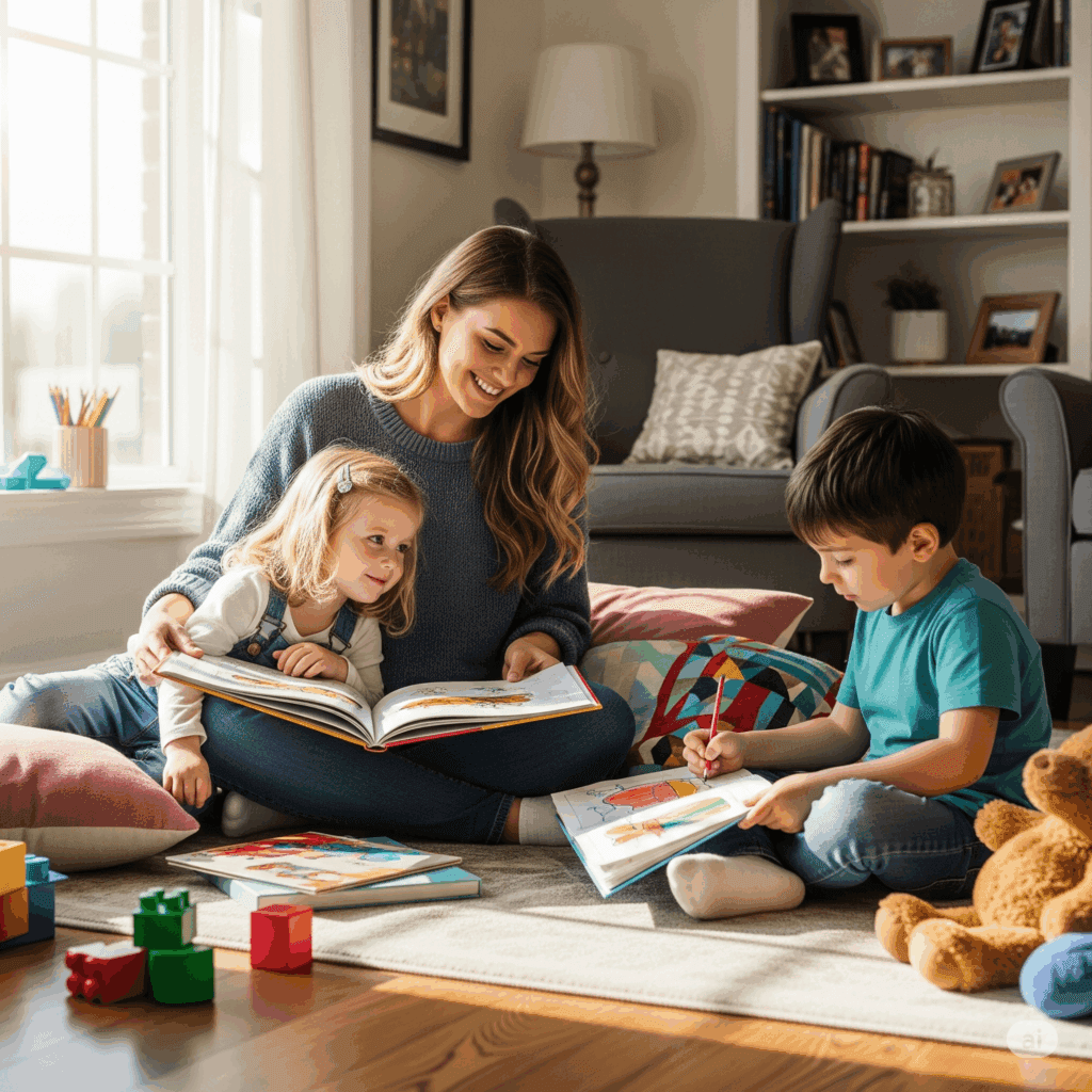 Au Pair compartiendo una lectura con dos niños