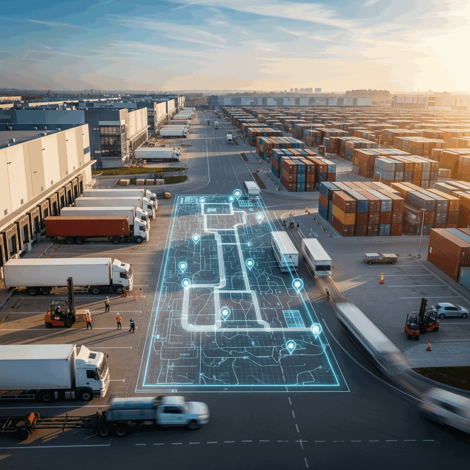 Código digital de logística y transporte en puerto con camiones y contenedores.