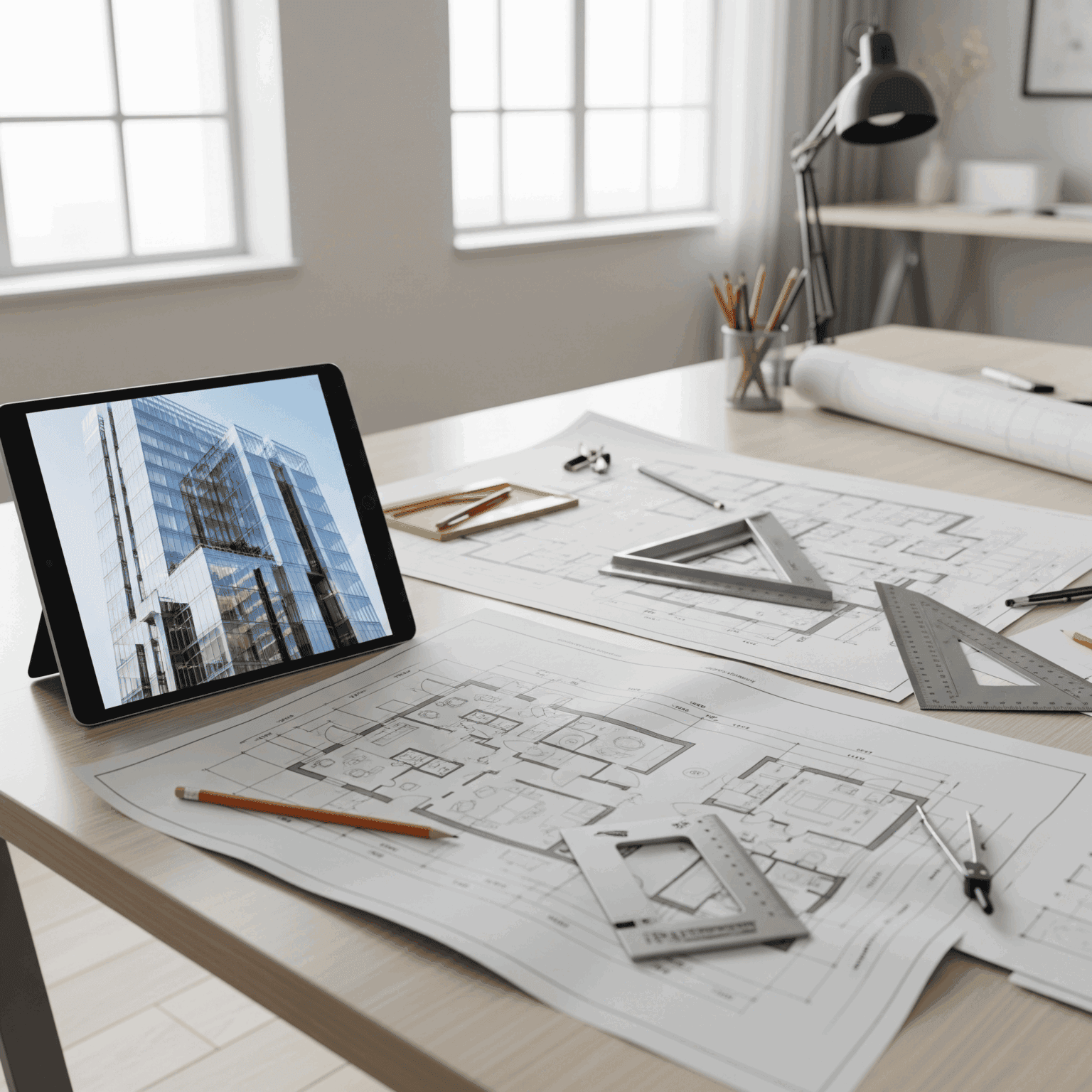Planos arquitectónicos y modelo digital de edificio en mesa de trabajo.