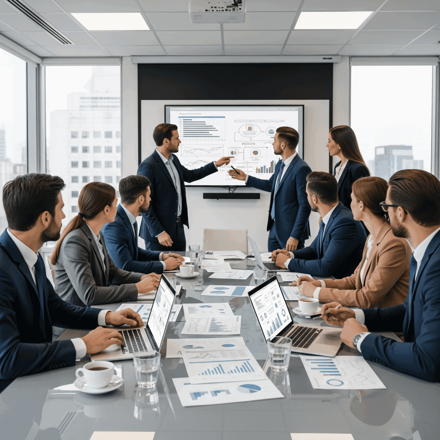 Informes de análisis financiero en reunión empresarial en oficina moderna.