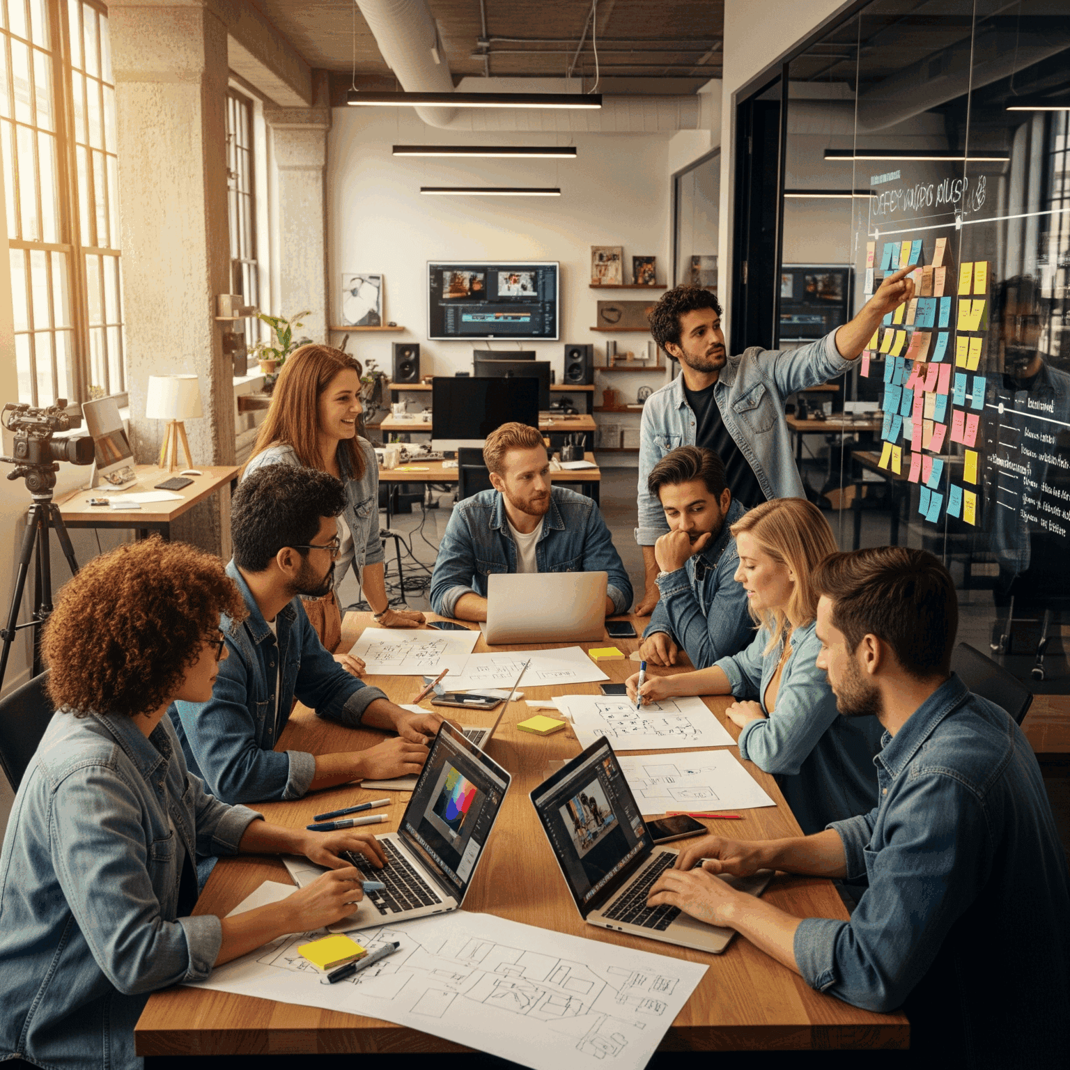 Equipo de trabajo en una sala de reuniones organizando proyectos con notas adhesivas y laptops.